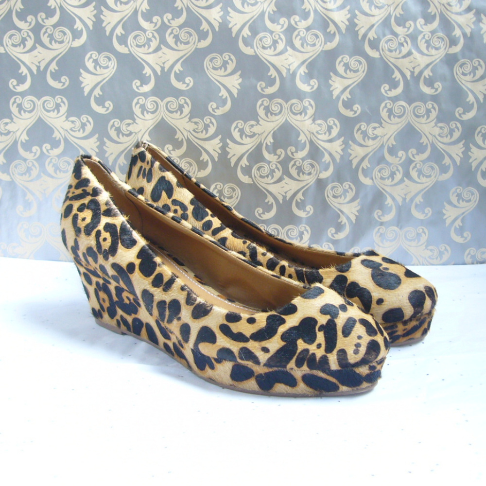 Kelsi Dagger Leopard Print Calf Hair Platform Wedge Heels 7.5 Round Toe Classic